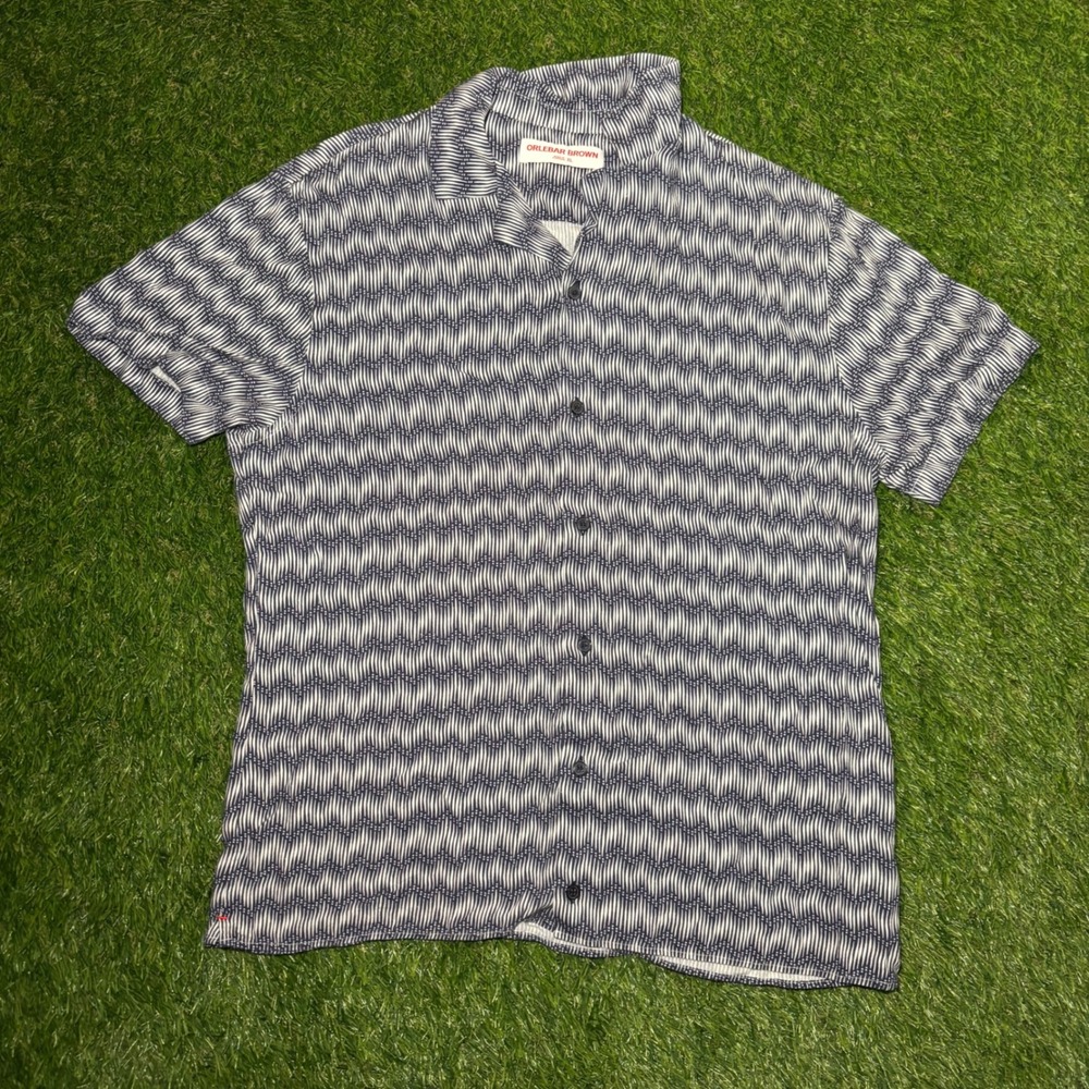 Orlebar Brown Travis Chevron Navy White Linen Viscose Shirt XL 46HS23TRAVIS